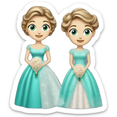 Bride with brown hair into a bun and a lace dress. Mother of the bride with long blonde curls and a turquoise sequined dress with sleeves. sticker