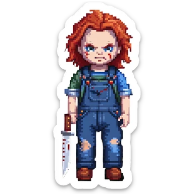 Chucky doll from Child's Play horror movie with red hair, scarred face, blue overalls and a knife sticker