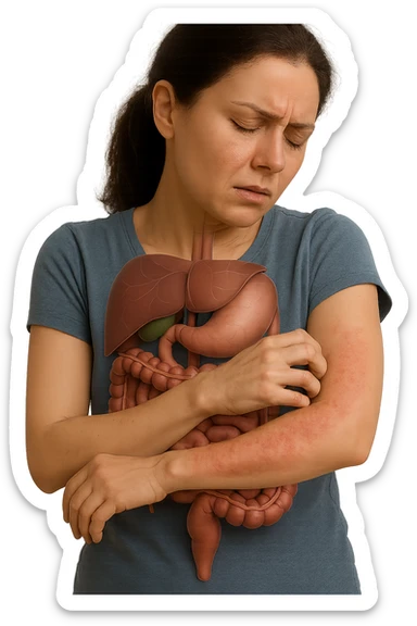 donna con intestino umano anatomico realistico che si gratta il braccio su cui ha un'eritema, iperrealistica 4k sticker