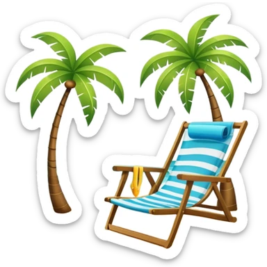Icon for Beach Tourism: a sunny beach with waves, lounge chair and palm trees, a snorkel mask, capturing the essence of tropical beach relaxation. The icon should feel bright and carefree, without a frame. Transparent background. sticker