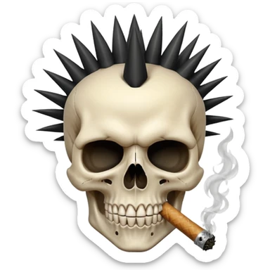 spikey black mohawk hair on a sharp looking skull smoking a fat blunt sticker