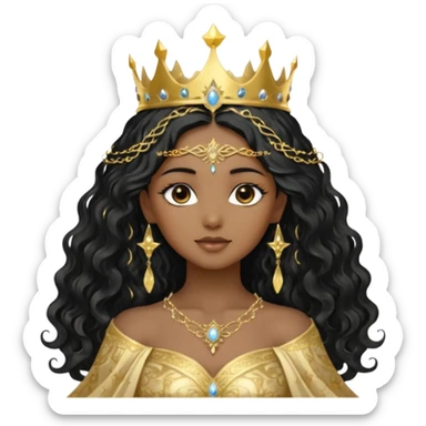 a black beautiful angel with gold pattern on her face and and long wavy black hair, she wears a ethereal crown with sparkling strings and a beautiful sparkling golden gown with moon crest in the middle of the gown, her face calm, gentle and kind, magical aura around her sticker