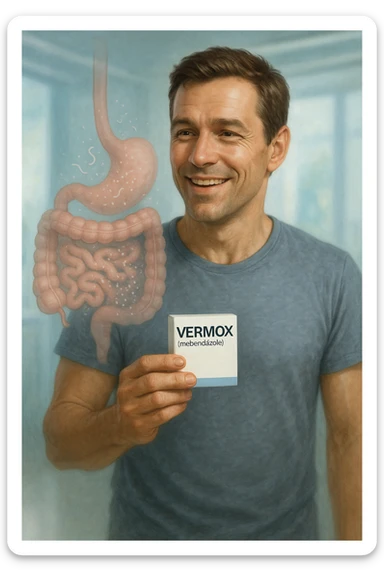 A realistic, cinematic illustration of a man in his late 30s holding a small white box of ‘Vermox’ (mebendazole) in one hand, with a relieved and hopeful expression on his face. Behind him, a semi-transparent overlay shows his digestive tract where small, symbolic worm-like parasites are dissolving and disappearing, indicating the medication’s effect. The environment is clean and bright, with a medical yet hopeful tone, conveying the concept of effective parasite removal. Subtle blue and green tones symbolize cleansing and health restoration, while the man appears energized and ready to reclaim his well-being sticker