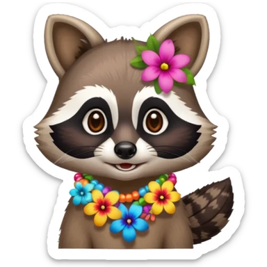 A playful raccoon wearing a hawaiian flower necklace, looking festive. sticker