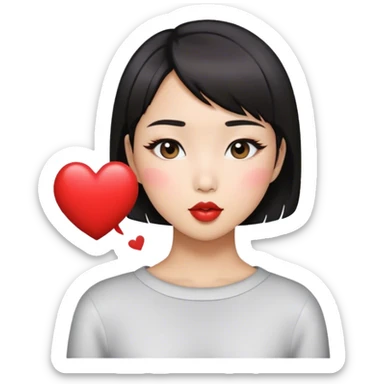 Short hair Asian pretty girl in make up kissing with heart  sticker