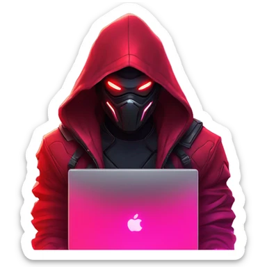 developer behind his laptop with this style : crysis Cyberpunk Riot Games Valorant neon glowing bright red character red dark black hooded assassin themed character sticker