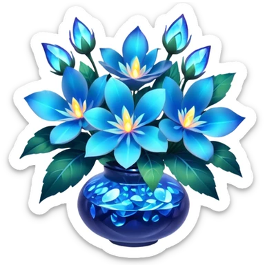 "A magical blue floral arrangement with glowing petals and leaves."
 sticker