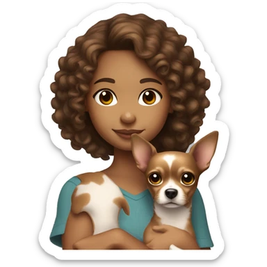 a brown-haired girl with brown eyes and curly hair holds a Chihuahua dog in her arms sticker