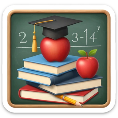 An icon featuring a chalkboard with educational equations, an apple, and a pencil, symbolizing pedagogy. The design includes a stack of books and a graduation cap, representing teaching and learning. Transparent background highlights the dedication to education and mentorship. sticker