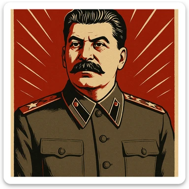stern portrait of Stalin in a classic Soviet propaganda poster style sticker