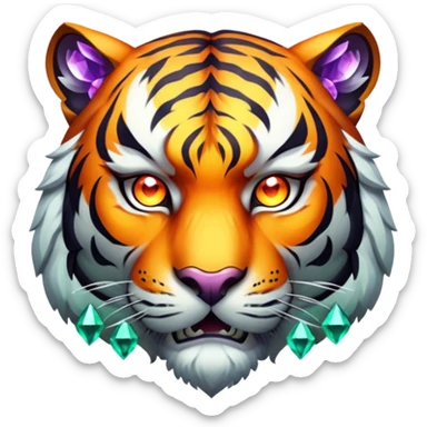 tiger face in Path of Exile 2 style with dark fantasy elements and gem powers for Twitch emote sticker