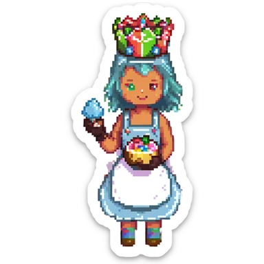 A playful baker in a pastel-pink candy lab. Walls of bubblegum bricks, frosting-covered counters, and a cupcake-shaped oven. The baker wears a gummy bear-studded apron, marshmallow gloves, and a rock candy crown. UI elements look like melting lollipops, candy cane sliders, and syrupy transitions. sticker