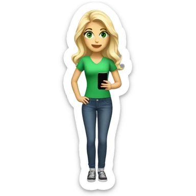 blonde woman, fair skin, green eyes, cell phone in hand, full body sticker