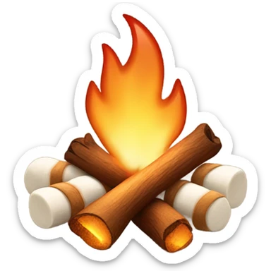 Illustrate a whimsical emoji of a cozy campfire with a happy face in the flames, surrounded by tiny roasting marshmallows on sticks sticker