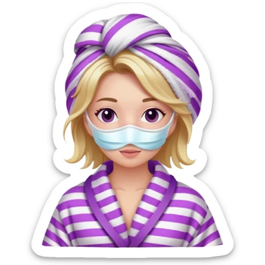 a white girl with a face mask on, her hair in a purple towel and she is in a white bathrobe with pink stripes sticker
