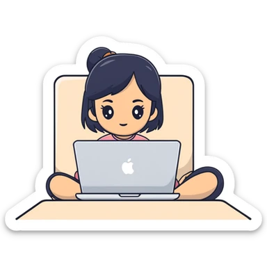 Asian girl with black hair sitting and watching a MacBook laptop sticker