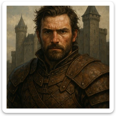 medieval warrior in leather armor, face close-up, direct look, castle in the background, Game of Thrones inspired, DnD style, ArtStation quality, detailed illustration sticker