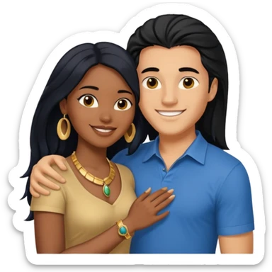 smiling embracing interracial couple from waist up. ebony woman with long hair and jewelry. brazillian man short hair wearing blue. sticker