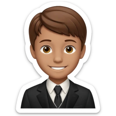 smiling boy in formal attire with brown here  sticker