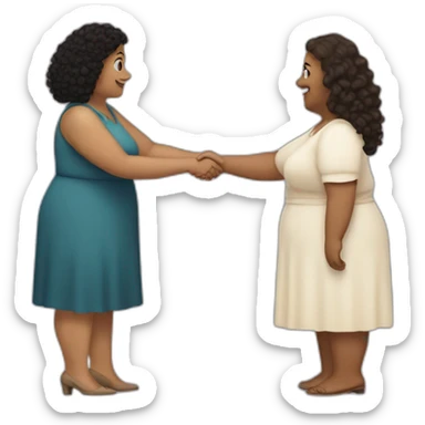 tan chubby woman with black curly hair shakes hands with a chubby pale woman who has straight light brown hair sticker