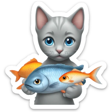 blue eyes grey kitten and fish are friends  sticker