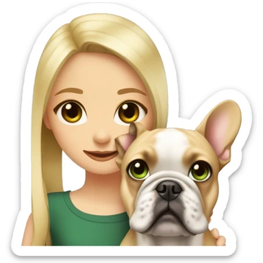 A blonde girl with green eyes with a square hugs a French bulldog with brown eyes and dark gray fur sticker