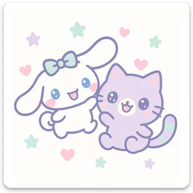 Cinnamoroll and a cute cat together, kawaii style, soft colors, big eyes, playful pose sticker