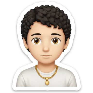 a boy with short black curly hair and brown eyes with white t-shirt and gold jewelry  sticker