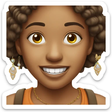 smiling without teeth showing girl outdoors with jewelry sticker