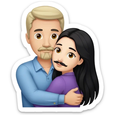 Tall white man with brown mustache goatee AND a short pale woman with long black hair, hugging sticker