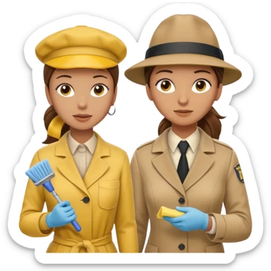 A cleaning Lady with Brown hair, high ponytail and yellow cleaning gloths is Talking to a Detektive (a man) with beige hat, a beige coat and he is interviewing the cleaning Lady sticker