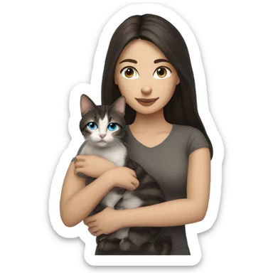 Woman with dark long hair and blue eyes holding a tabby cat  sticker
