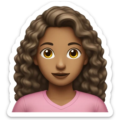 Female young lady with long dark curled brown hair in pink and green shirt sticker
