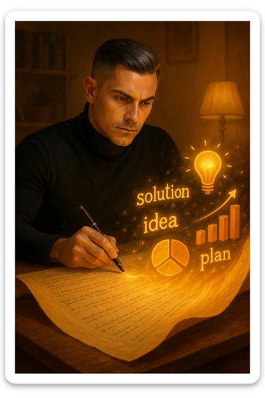 Un uomo concentrato, seduto alla sua scrivania in una stanza con luce calda, sta scrivendo su un enorme foglio di carta che si espande magicamente davanti a lui. Mentre scrive, le parole si trasformano in elementi visivi tridimensionali che rappresentano le soluzioni ai suoi problemi sticker