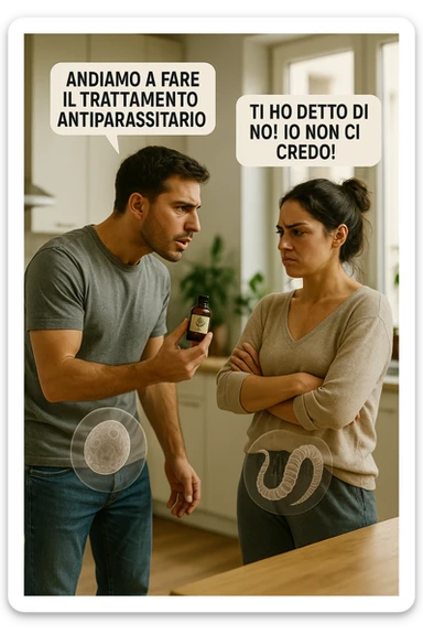 A highly realistic, cinematic photo of a young couple in their early 30s having an argument in a bright modern kitchen. The man, athletic build, wearing a casual T-shirt and jeans, is speaking firmly with a raised hand holding a small amber glass bottle labeled with a subtle herbal symbol, saying 'Andiamo a fare il trattamento antiparassitario' with a determined expression. The woman, with long dark hair tied in a messy bun, casual home outfit, crosses her arms with an angry, defensive expression, replying 'Ti ho detto di no! Io non ci credo!' while slightly turning away. Tension is visible in their body language, with the man leaning forward trying to explain and the woman leaning back, her eyebrows furrowed. Around them, subtle ghostly overlays of microscopic parasites are faintly visible near their abdominal areas, symbolizing the hidden reason for the argument. The kitchen is bright and modern with plants and natural light, contrasting the emotional tension. The style is hyperrealistic with warm tones and shallow depth of field focusing on their facial expressions, illustrating the conflict between belief in natural treatments and skepticism within the couple regarding hidden parasitic infections. in italiano sticker