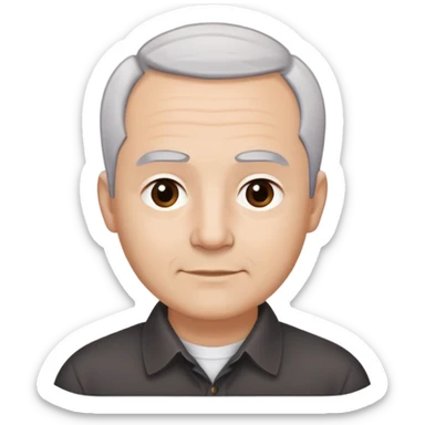 Head and shoulders portrait of Puerto Rican actor René Monclova. Round face with light skin tone. Short gray/white hair with receding hairline. Expressive dark brown eyes, thick eyebrows. Clean-shaven. Slight smile. Wearing a dark collared shirt. sticker