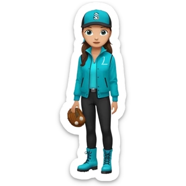 A landscaper in a beautiful turquoise jacket with long sleeves and turquoise boots, black pants, and a black sleeveless shirt. On his head is a black Swissotel baseball cap. The girl is a brunette with blue eyes. sticker