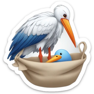 White stork carrying a blue bundle of cloth in its big beak that has a cute human person cute baby boy inside and his head is peeking from the fabric the strok is carrying in its beak sticker