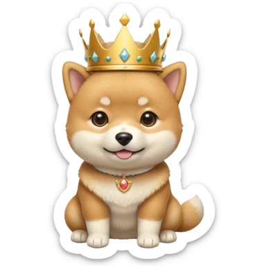 3 month old Shiba Inu puppy emoji, wearing small golden crown, cute royal expression, round body, soft fluffy fur, glossy eyes, bright pastel background, kawaii mascot style, centered composition, high quality render sticker