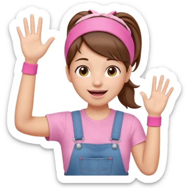 preschool teacher with brown hair pulled up in high ponytail and light pink headband. Has a pink t-shirt with denim overalls. Expression is happy and friendly with mouth wide open. Has one hand up waving hello. sticker