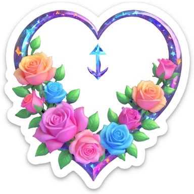 gothic heart made of prismatic glass, silver crescent moon, glowing pastel roses, holographic stardust, neon rainbow lightning, drenched and splintered glass sticker