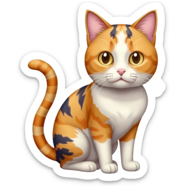 full body colourful calico tabby cat with disproportioned head with an anxious face and white front legs sticker
