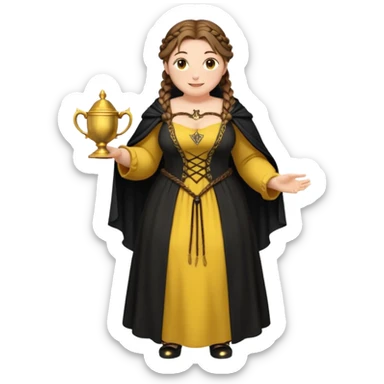 Helga Hufflepuff,brown-haired,2 braids,yellow-black medieval open dress,deep neckline,fat macromastia,black cloak decorated with gold braiding,gold cup with two handles,very kind smile,curvy busty sweet woman,round rosy cheeks,full length with medieval shoes sticker