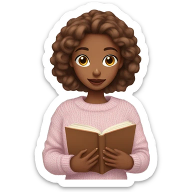 Pretty blue eyed brown girl with light pink sweater reading cozy sticker