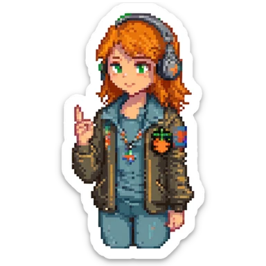 Modify the female recruiter in cute 8-bit pixel art style to hold up her right hand as if presenting or talking. Add an orange square pin with a white Y (YC logo) on her jacket. Keep the headset and no background. sticker