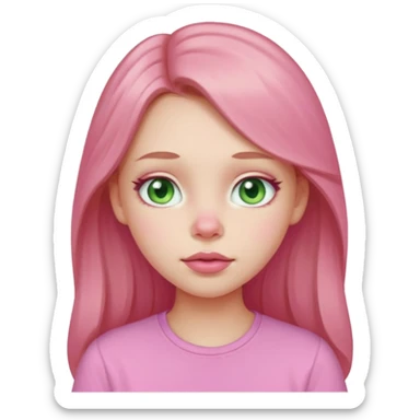 Pale girl, pink nose, cheeks, nose, chin, long light brown hair, Pink full lips, doe eyes, light green eyes wearing cute pink shirt sticker