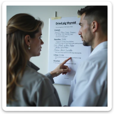 woman discussing with the doctor, pointing to 'Dried pig thyroid' on a list of medications, clinical environment, serious expressions, hyperrealistic 4K sticker