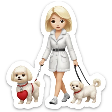 blonde woman, walking a small maltese dog. sticker