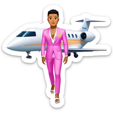 Josh King Madrid, digital entrepreneur and AI mogul, stepping off a glowing neon private jet onto a runway lined with stacks of cash, he is surrounded by multiple robo-chicks showing off summer swimwear fashion. These robots look like the AI versions of the 5 Kardashians sisters. It’s super emojified type art  sticker