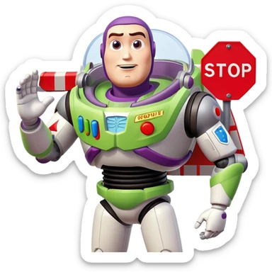 Buzz Lightyear character with a red stop sign above him sticker